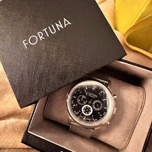 Men’s Silver Mesh Chronograph Watch with Black Dial
